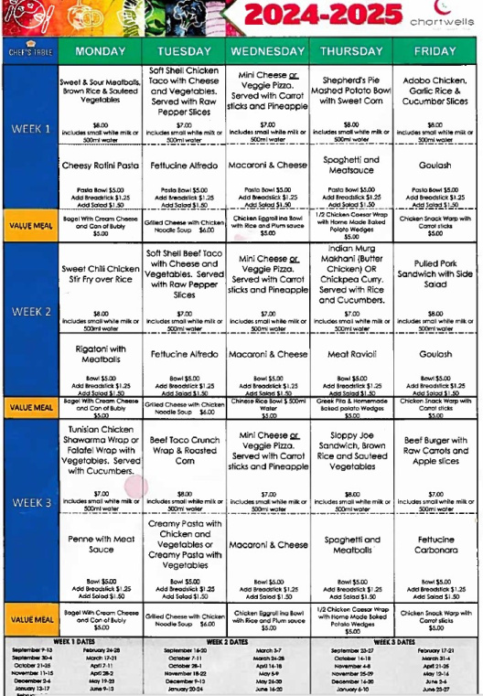 Cafeteria Menu