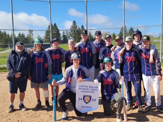 Boys slo-pitch with their banner